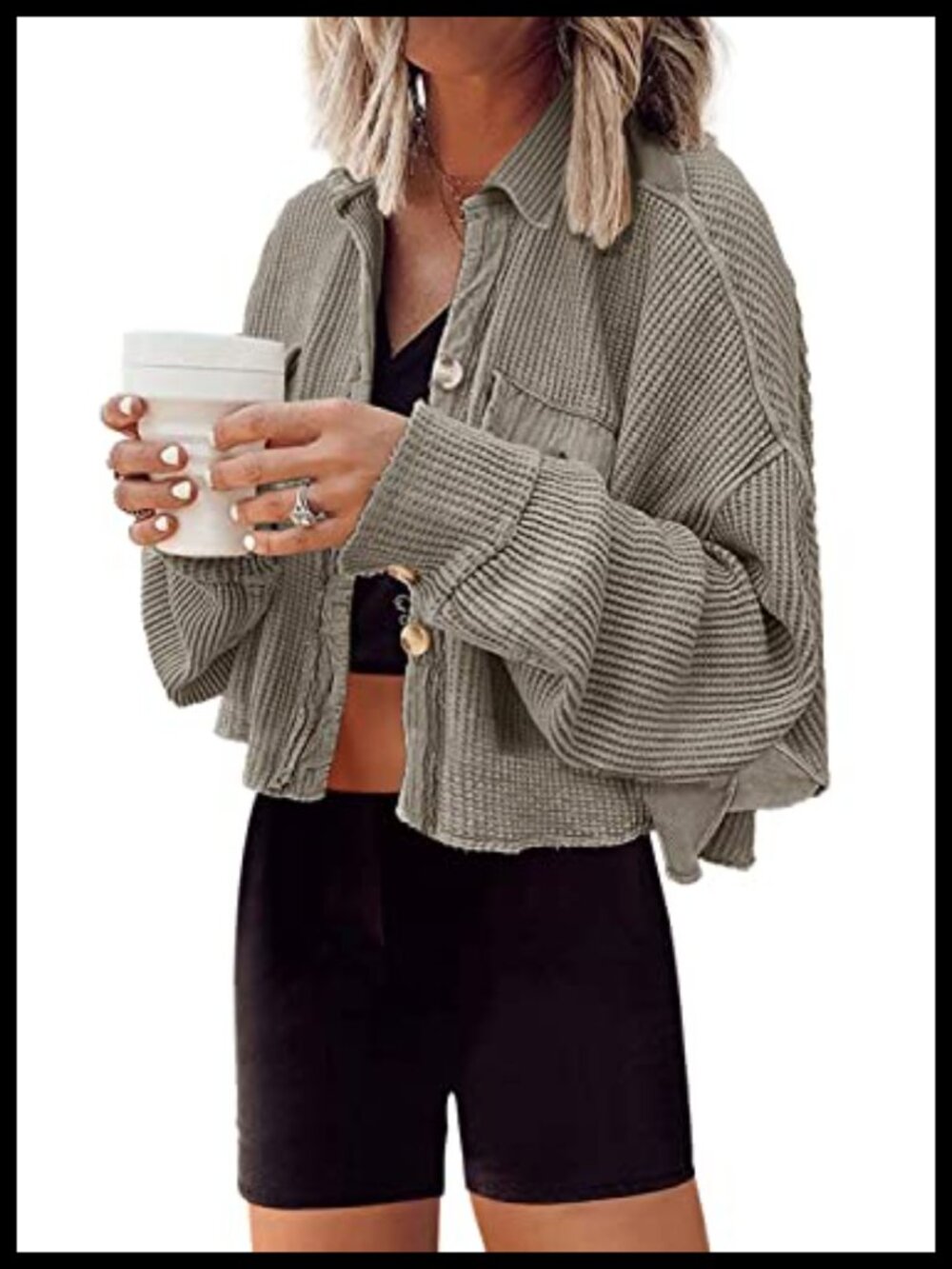 Waffle Knit Cropped Shacket Button Down Dolman Sleeve Casual Jacket